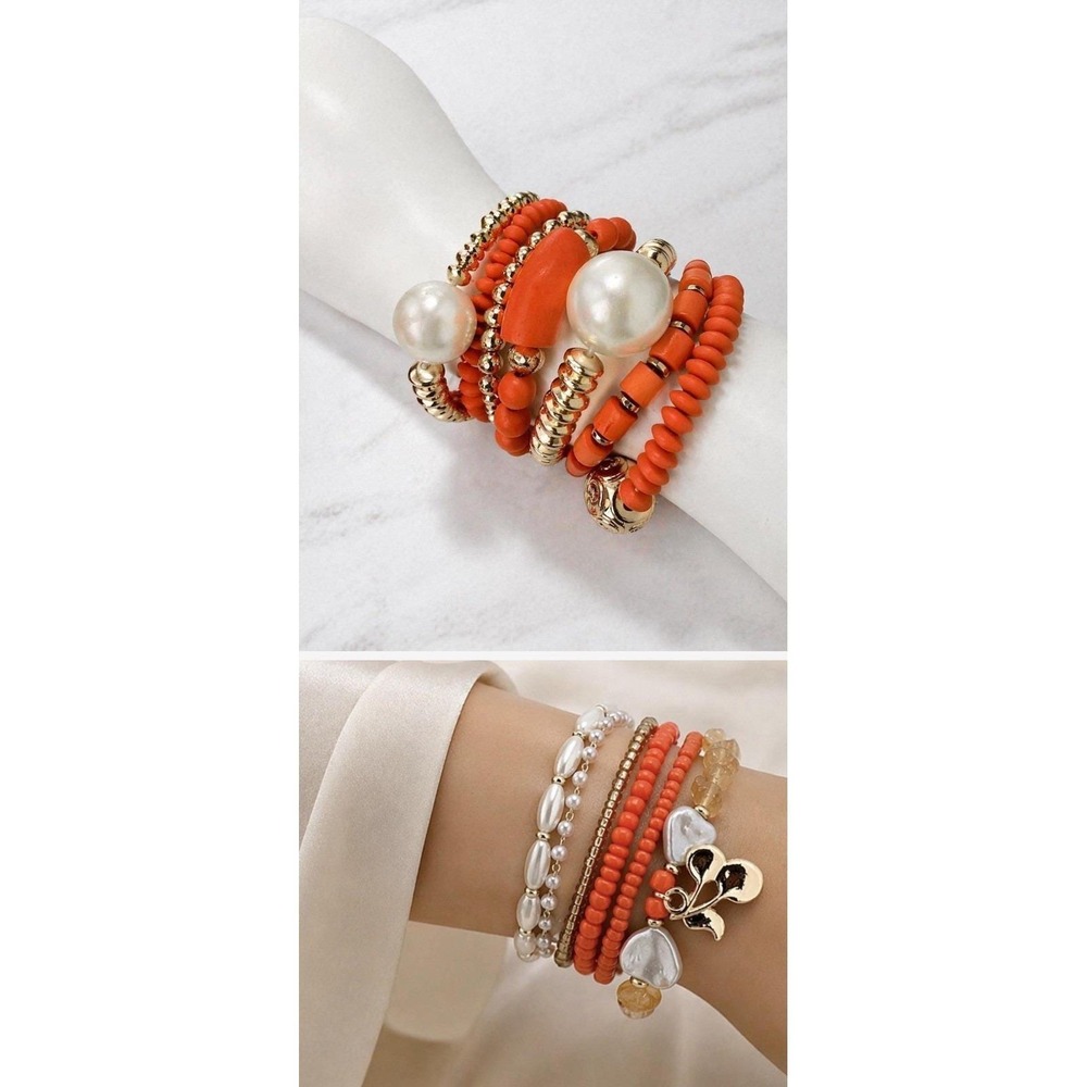 13-Piece Gold & Orange 2 Stackable Bracelet Sets – Mixed Beads, Pearls & Charm